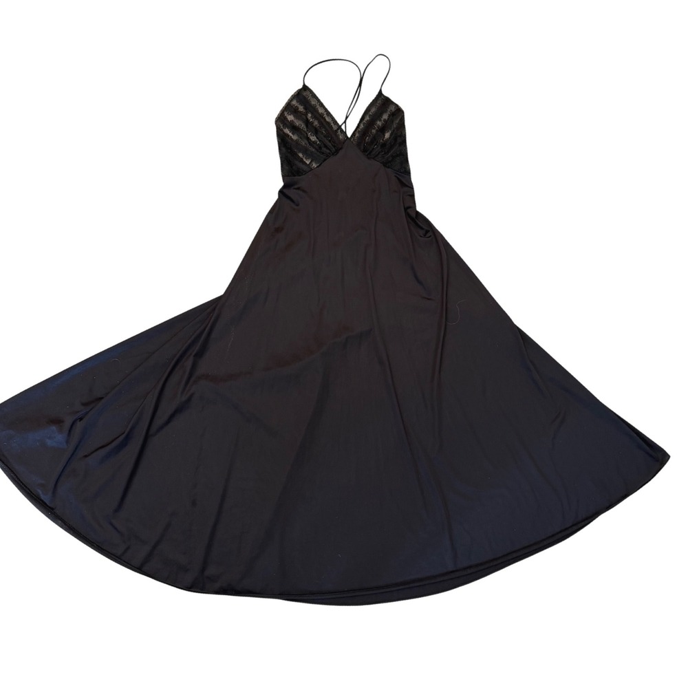 Vtg 70s Lily of France Black Nylon Lace Maxi Slip Dress Nightgown Gown S ILGWU